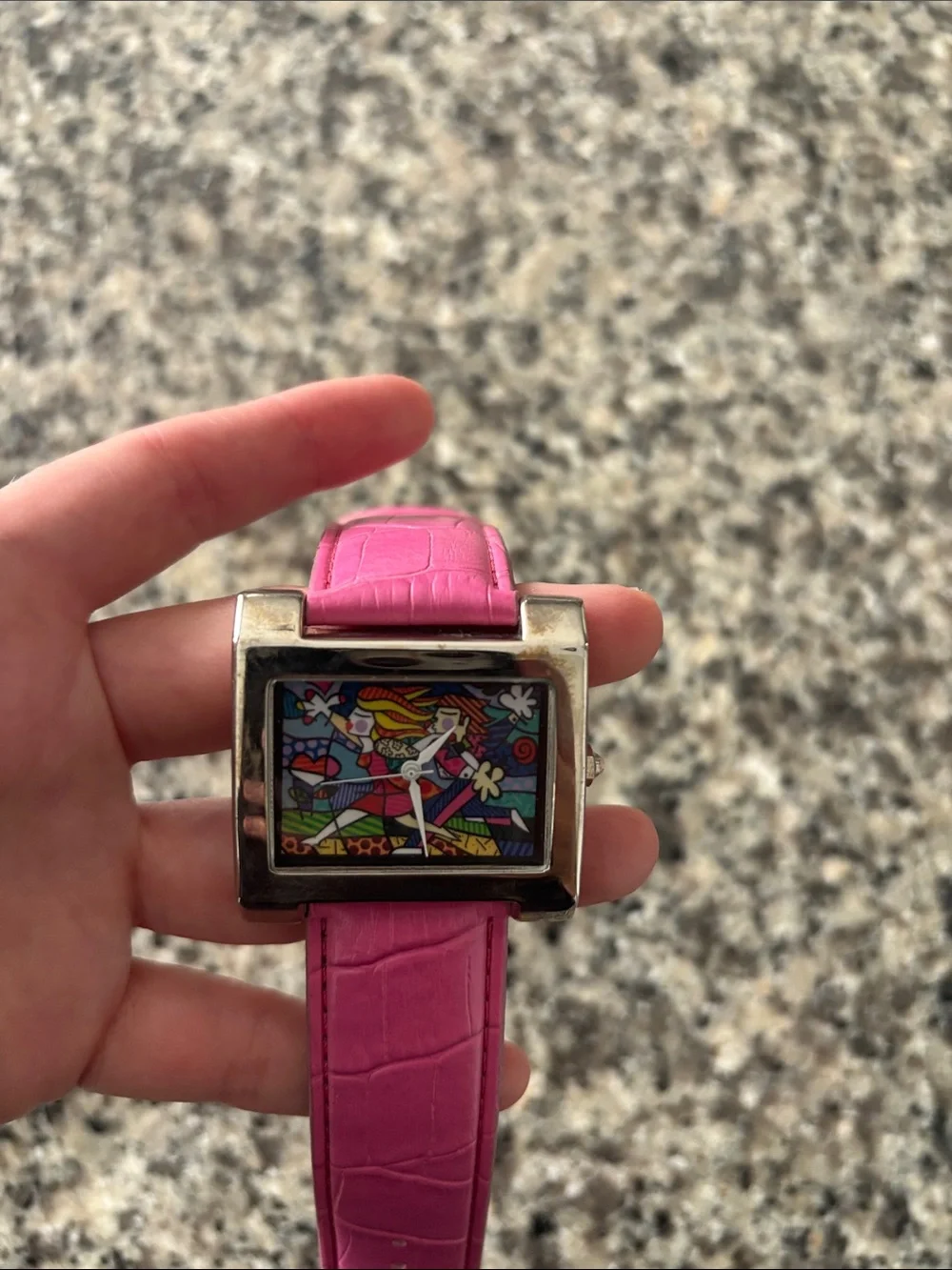 Limited Edition Romero Britto Pink Leather Strap Square Watch - Needs Battery